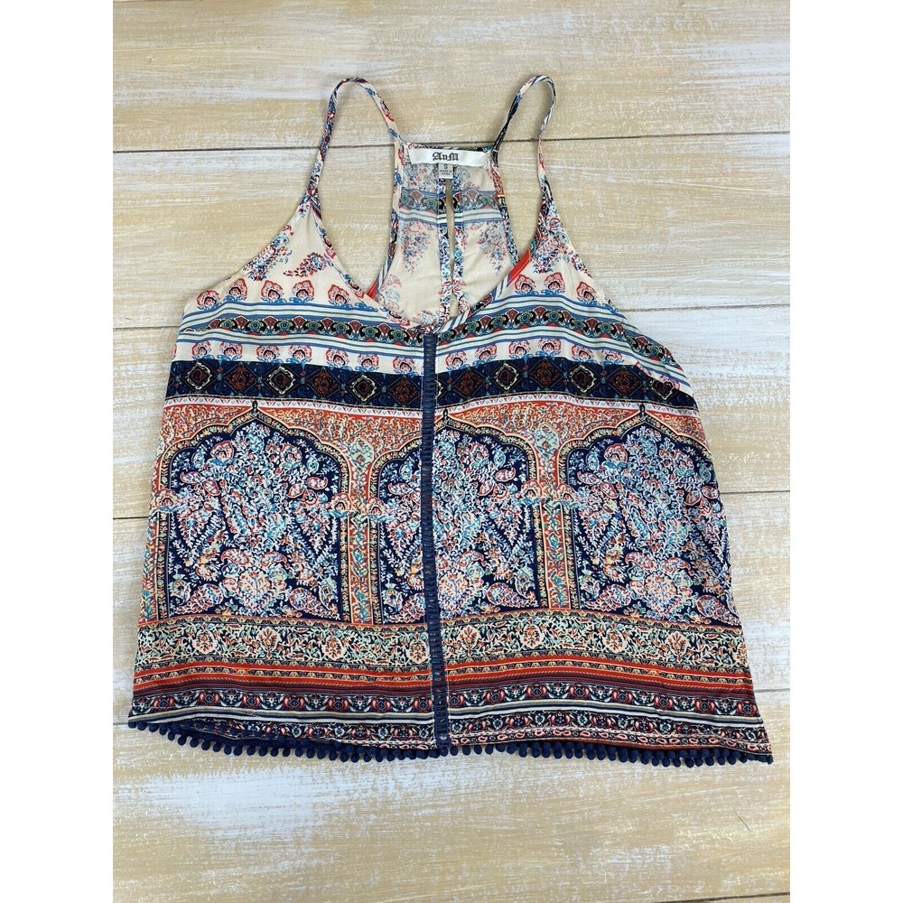AnM Size Small Peasant Boho Cami Top Open Back Fringe Trim - Picture 11 of 11